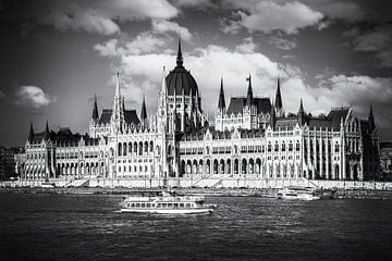 Budapest Parliament on Danube River Bank in Black and White by Andreea Eva Herczegh