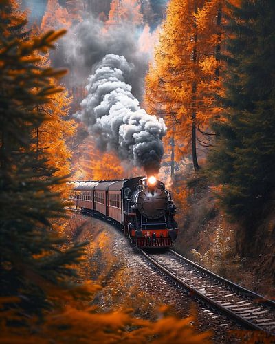 Historic train in the autumn forest