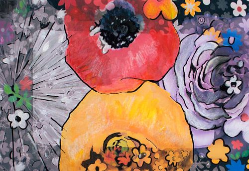 Mixed media with flowers.