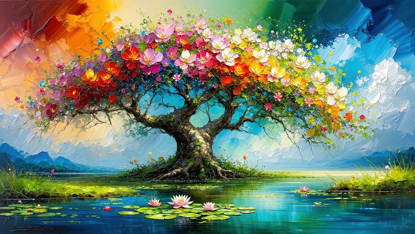 Arbre de vie magique - symphonie de couleurs et de fleurs au bord d'un lac forestier scintillant par AidasignArt