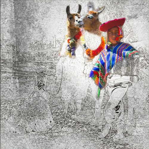 Boy with two llamas in Peru, mixed technique
