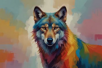 Portrait de loup en explosion de couleurs abstraites sur De Muurdecoratie