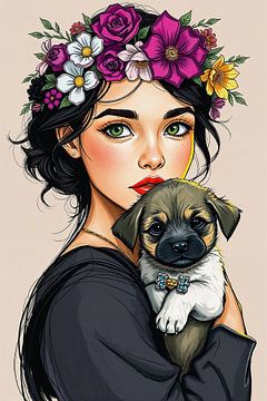 Portret - Meisje met hond - #1 van Liona Toussaint