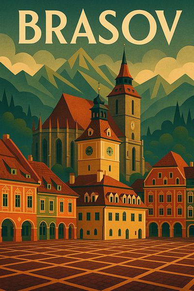 Brasov Raadsplein - Transsylvaanse Art Deco Berg Poster van Travel Shop