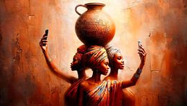 African women in traditional dress are taking a selfie