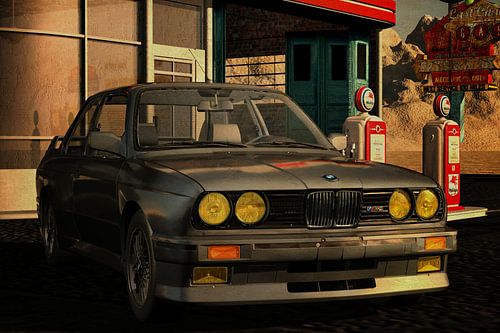 BMW  M3 uit 1991 op een route 66 station