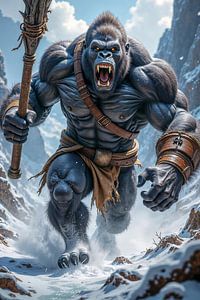 Fantasy Wall Art: GORILLA – A Wild Barbarian with His Club in the Mountains