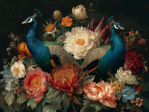 Zwei Pfauen zwischen üppigen Blumen in einem klassischen romantischen Stillleben