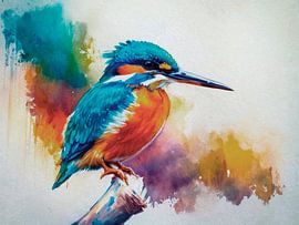 Farbenfrohes Vogelbild: Kleiner Eisvogel auf einem Baumstumpf (Aquarellstil) von Studio Pieternel