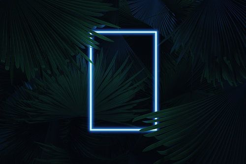 Neon-verlicht vierkant frame met palmbladeren
