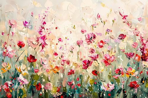 Kleurvol schilderij van een bloemenveld