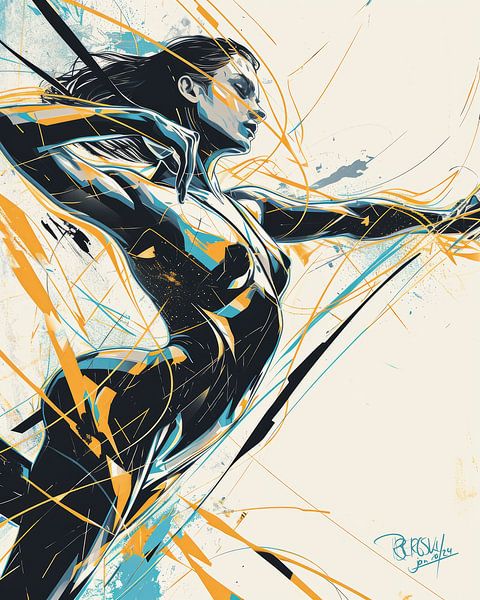 Portrait &quot; Dynamic woman in Blue and Ochre III &quot; by René van den Berg