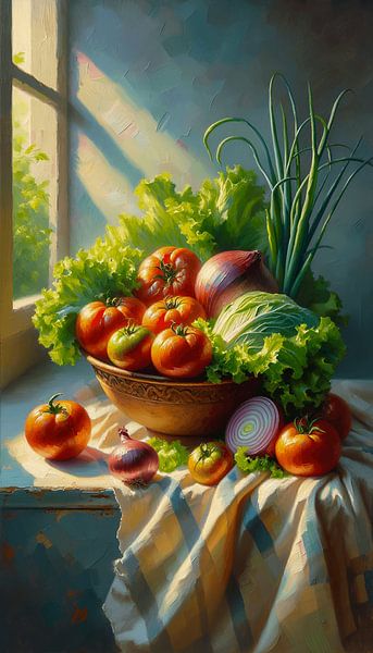 Tomates, oignons, laitue, ciboulette, récolte matinale par ellenilli .