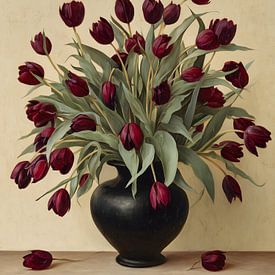 Nature morte avec des tulipes sombres dans un vase sur IamHome Studio