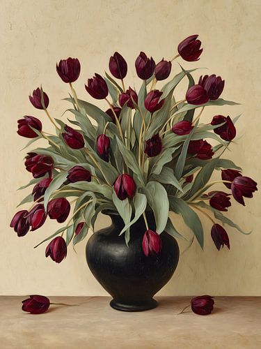 Nature morte avec des tulipes sombres dans un vase