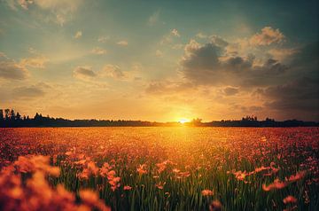 Illustration d'une prairie fleurie au coucher du soleil sur Animaflora PicsStock