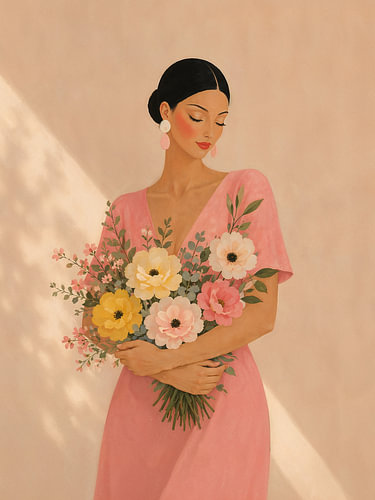 Zachte Bloesems - portret van een elegante vrouw met bloemen