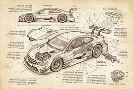 Une illustration technique d'une voiture de DTM, réalisée dans le style de Léonard de Vinci. sur Wolbert Erich