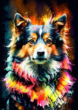 Shetland Sheepdog Neon Waterverfkunst – Expressieve hond wanddecoratie
