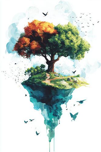 Boom van de seizoenen op een zwevend eiland