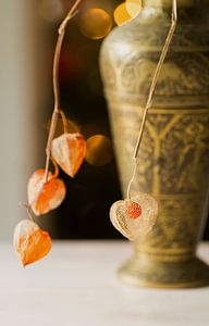 Stilleben mit alter, geschnitzter Vase und Zweigen mit orangefarbenen Samenschoten von Physalis