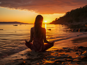junge Frau meditiert in der Abendsonne am Strand