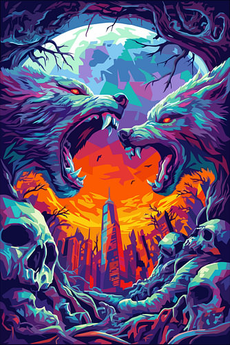 Duo Wolf im Kampf – WPAP-Pop-Art-Illustration – Metallposter