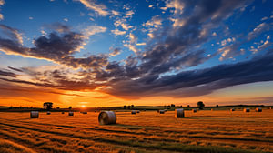 Sonnenuntergang über dem Feld mit Heuballen und dramatischem Himmel