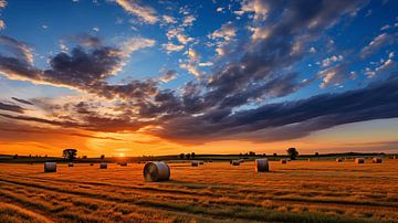 Zonsondergang over het veld met hooibalen en dramatische lucht van Animaflora PicsStock