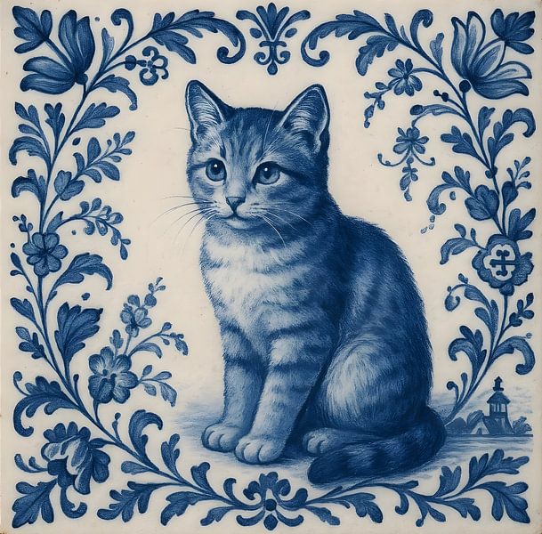 Blaue Delfter Fliese Katze von FoXo Art