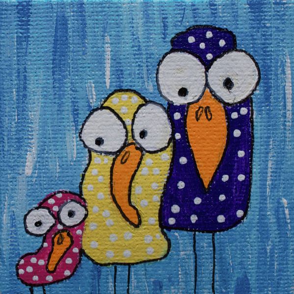 Mini-canvas vogelfamilie van Angelique van 't Riet