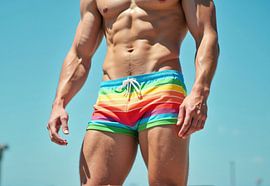 Male Torso and Legs in Rainbow Swim Trunks by Markus Gann