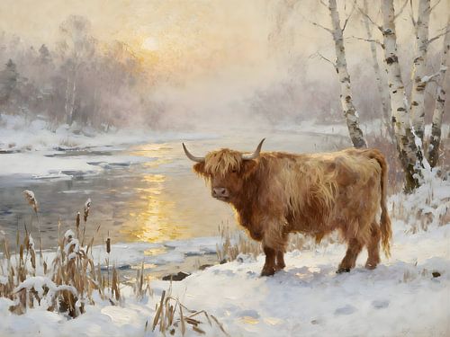 Schottischer Highlander auf dem Fluss Veluwe im Winterlicht