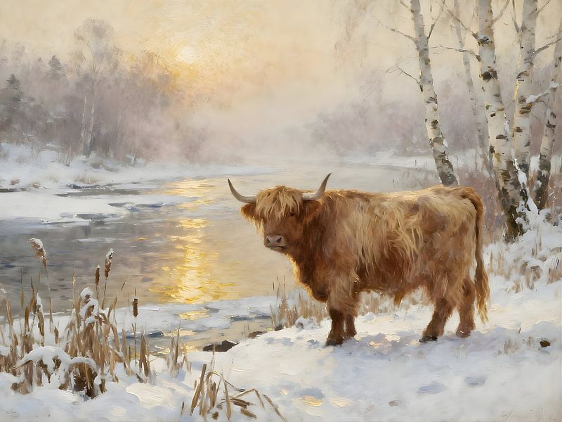 Schottischer Highlander auf dem Fluss Veluwe im Winterlicht von Trinkets NL ✪ Design Studio
