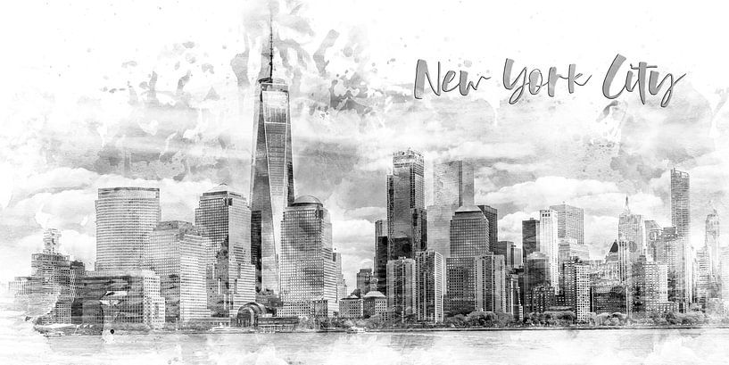 Art Moderne NYC Manhattan Skyline | Aquarell monochrome par Melanie Viola