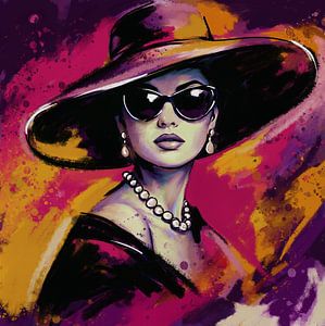 Fashionista-Strichzeichnung in Lila, Rosa und Orange – Frau mit Sonnenbrille und Hut