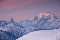 Alpenglühen während dem Sonnenaufgang im Winter am Walliser Matterhorn auf der Fiescheralp.
