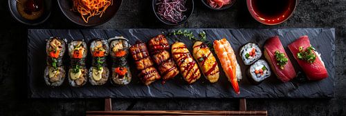 Panorama japanse sushi fotografie op stenen plank