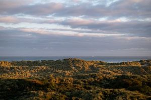 Zeilschip aan de horizon in de ochtendgloren op Terschelling van Wendy de Jong