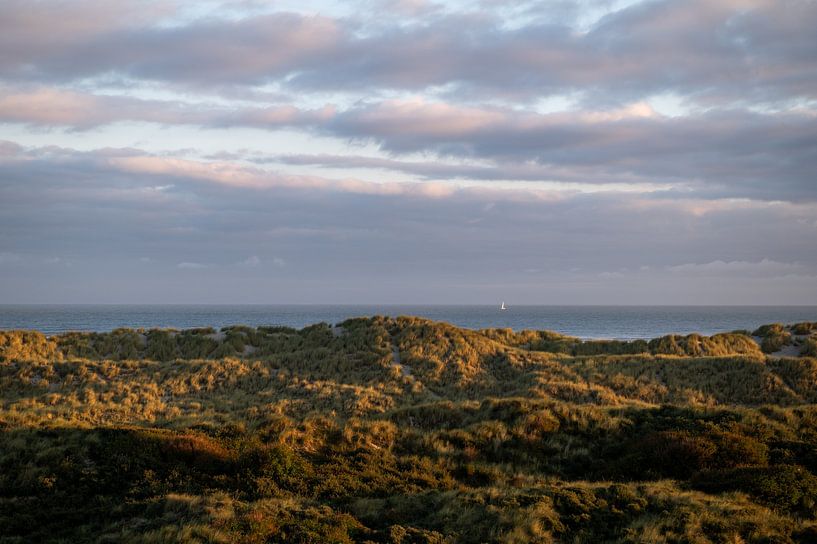 Segelschiff am Horizont in der Morgendämmerung auf Terschelling von Wendy de Jong