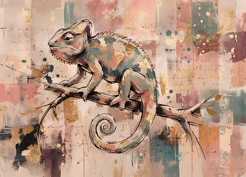 Tableau représentant un caméléon dans des tons de vieux rose et de terre