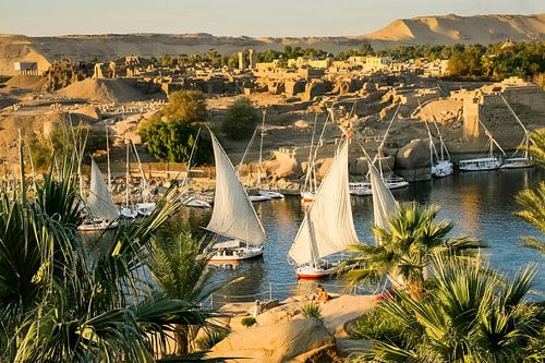 View on the river Nile at sunset in Aswan, Egypt