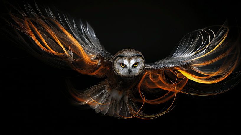 Lichtgevende Uil: Abstracte Magie in Oranje &amp; Zwart van Shine by Nous