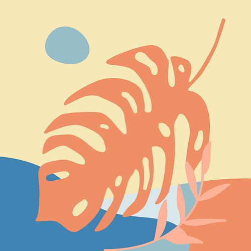 Zomertijd. Tropische botanische abstracte bladeren in terracotta, blauw en geel nr. 8