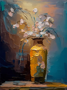 Zusammenfassung: Stillleben in dick aufgetragener Farbe: Eine elegante goldene Vase mit Blumen