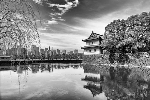 Sakurada Tatsumi Yagura met skyline van Tokio | monochroom