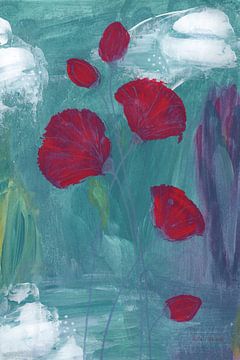 Flourish – Abstract Art with Red Flowers on Teal Blue Background by Theda Wiebrands