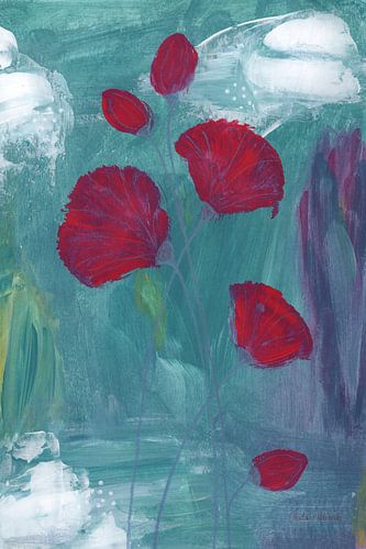 Flourish - Art abstrait avec fleurs rouges sur fond bleu sarcelle