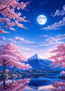Pleine Lune Mont Fuji Cerisiers en fleurs Japon