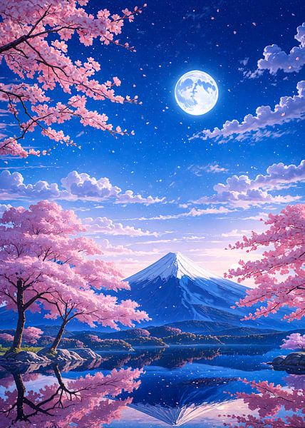 Pleine Lune Mont Fuji Cerisiers en fleurs Japon par Ruzerin